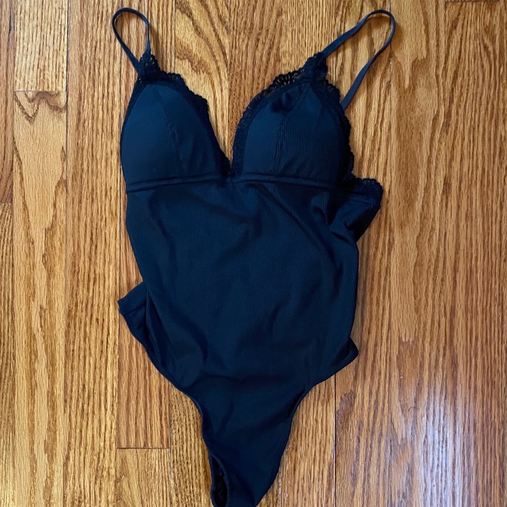 Black Bodysuit with a Lace Trim